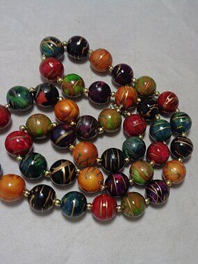 Vintage Necklace Multicolored Resin Beads w Gold Paint Swirls 30"
